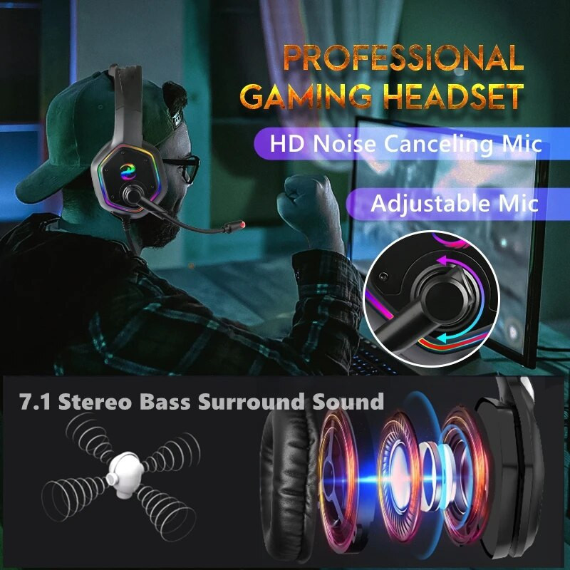 7.1 Stereo RGB slušalice za igranje Gamerske slušalice s mikrofonom za PC PS4 PS5, Slušalice za računalni telefon s poništavanjem buke preko uha
