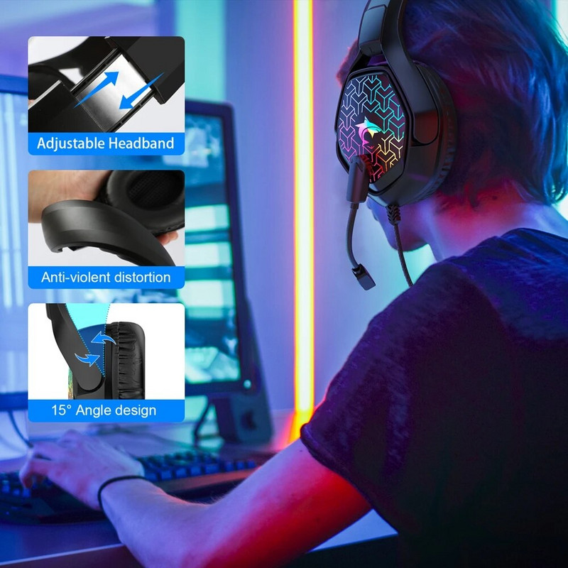 7.1 Stereo RGB slušalice za igranje Gamerske slušalice s mikrofonom za PC PS4 PS5, Slušalice za računalni telefon s poništavanjem buke preko uha