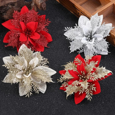 14 cm blizgančios dirbtinės kalėdinės gėlės Kalėdų eglutės papuošalai Linksmų Kalėdų papuošalai namams Naujųjų metų dovana