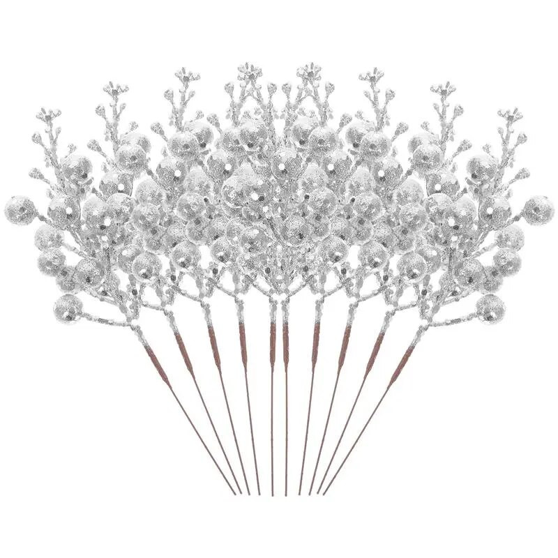 10Gb Ogu Ziemassvētku Mākslīgie Pick Kāti Koku Ogas Ziedi Mirdzoši viltus Hollystem Vainags Priedes Ziemassvētku Zari Pick Sudrabs