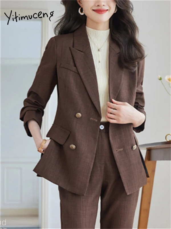 Yitimuceng Uredski ženski dvodijelni kompleti Ženska odjeća Nova modna šik jakna s otvorenim ovratnikom Jednobojna ležerna odijela s harem hlačama