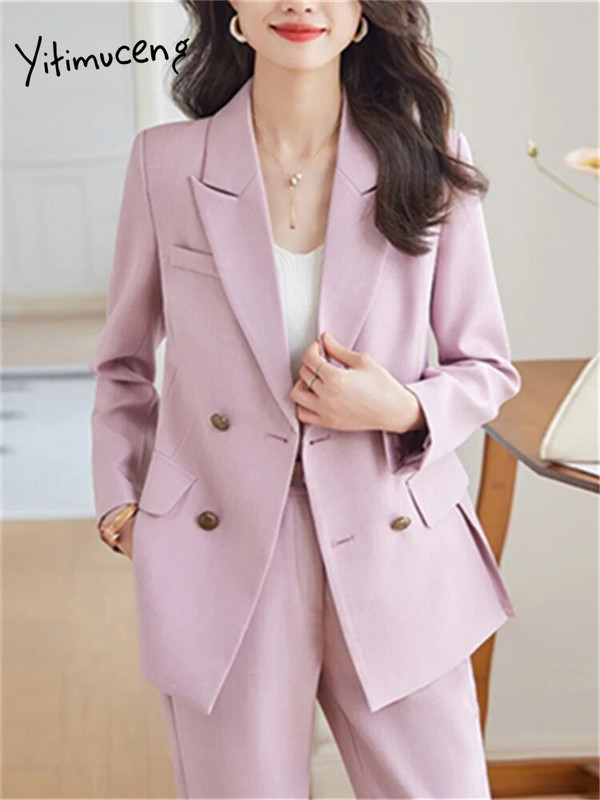 Yitimuceng Uredski ženski dvodijelni kompleti Ženska odjeća Nova modna šik jakna s otvorenim ovratnikom Jednobojna ležerna odijela s harem hlačama