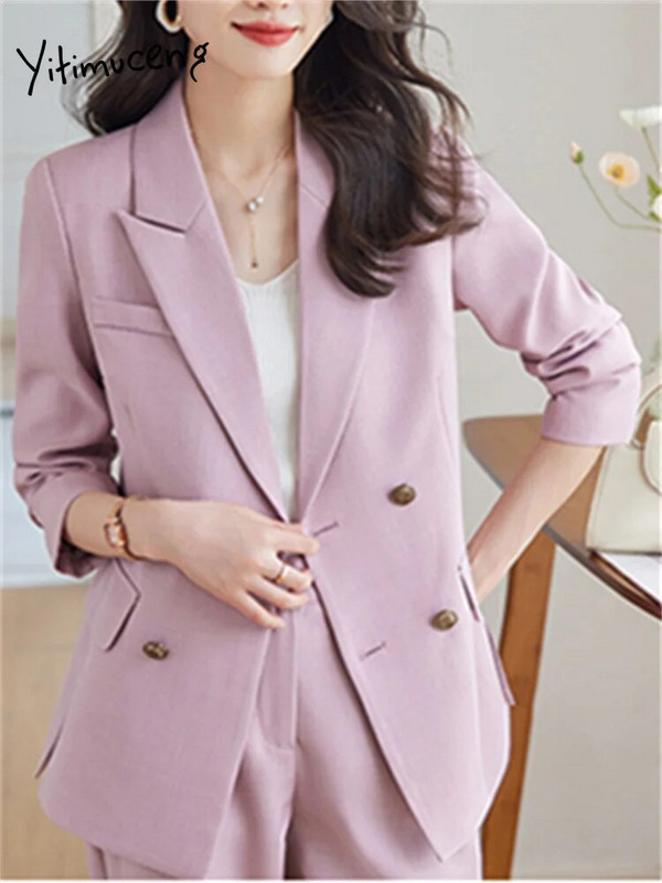 Yitimuceng Uredski ženski dvodijelni kompleti Ženska odjeća Nova modna šik jakna s otvorenim ovratnikom Jednobojna ležerna odijela s harem hlačama