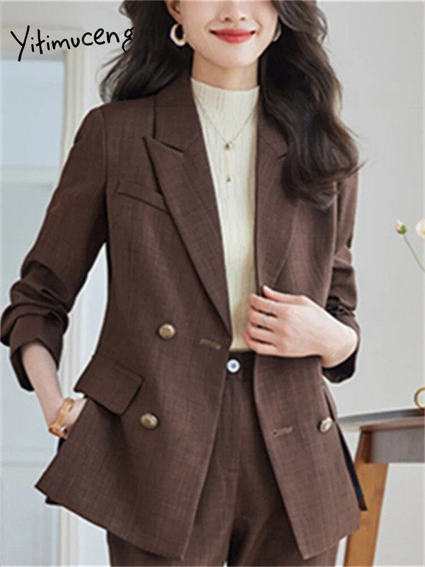 Yitimuceng Uredski ženski dvodijelni kompleti Ženska odjeća Nova modna šik jakna s otvorenim ovratnikom Jednobojna ležerna odijela s harem hlačama