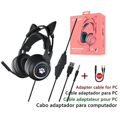 Black Cat Ears Vezetékes headset Gamer PC Számítógép Sztereó Basszus Lányok Fejhallgató Mikrofonnal Mac Laptop Window 7-10 tablethez