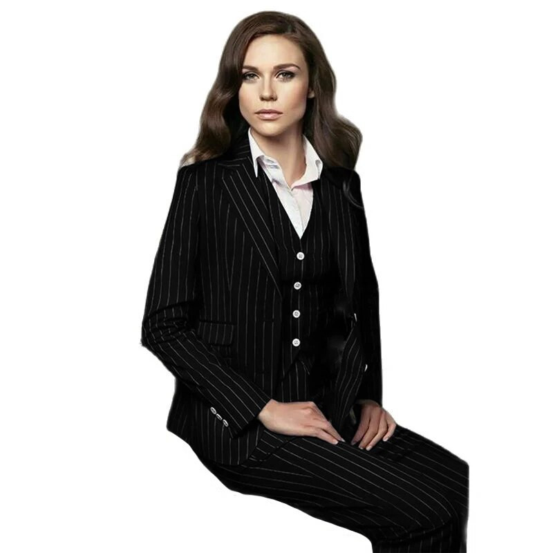 Csíkos női öltöny 3 részes női formális dzseki női blézer nadrág mellény üzleti munkaruha iroda
