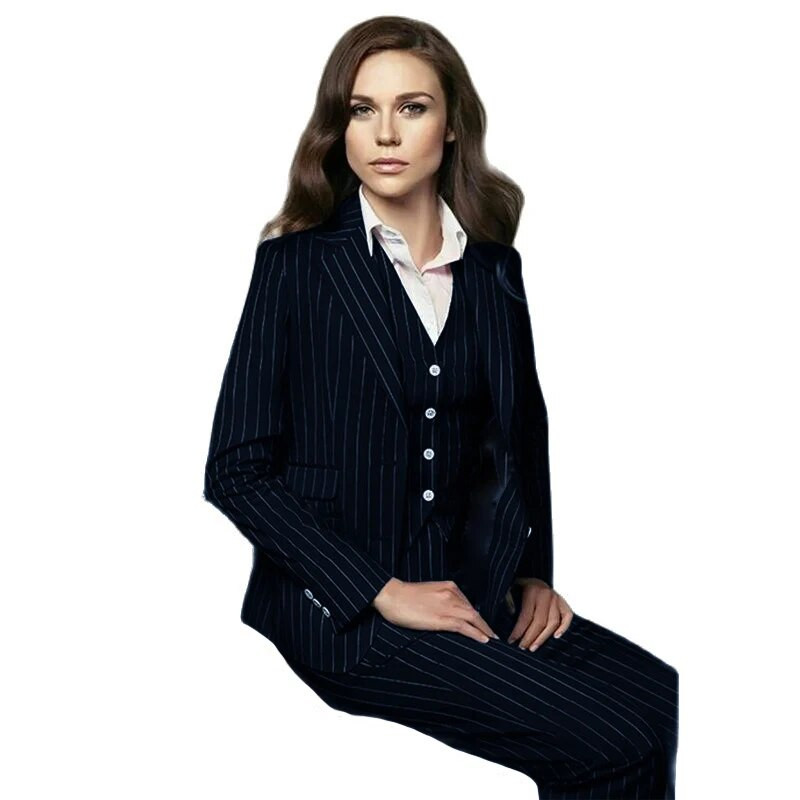 Csíkos női öltöny 3 részes női formális dzseki női blézer nadrág mellény üzleti munkaruha iroda