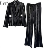 GetSpring Sieviešu žakešu bikses, 2023. gada rudens dimanti, dobi, caurspīdīgi uzvalks jaka ar augstu vidukli garo bikšu divu gabalu komplekti