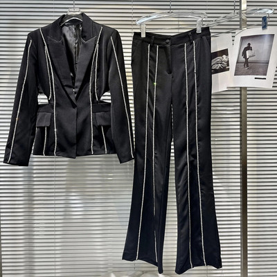 GetSpring Sieviešu žakešu bikses, 2023. gada rudens dimanti, dobi, caurspīdīgi uzvalks jaka ar augstu vidukli garo bikšu divu gabalu komplekti