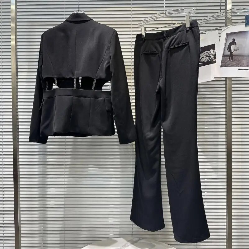 GetSpring Sieviešu žakešu bikses, 2023. gada rudens dimanti, dobi, caurspīdīgi uzvalks jaka ar augstu vidukli garo bikšu divu gabalu komplekti