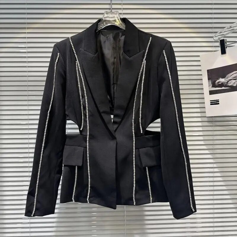 GetSpring Sieviešu žakešu bikses, 2023. gada rudens dimanti, dobi, caurspīdīgi uzvalks jaka ar augstu vidukli garo bikšu divu gabalu komplekti