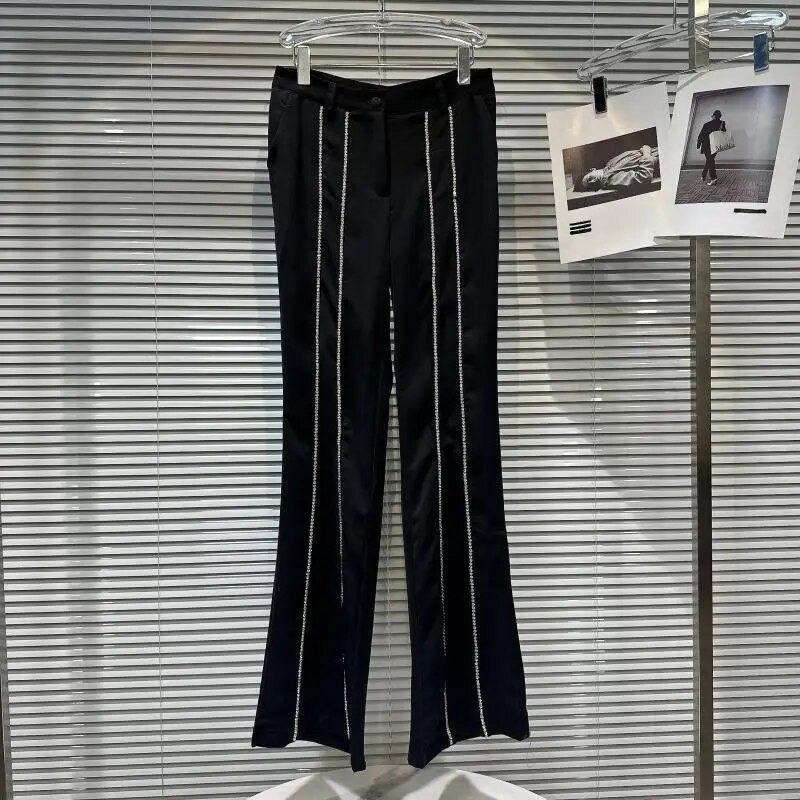 GetSpring Sieviešu žakešu bikses, 2023. gada rudens dimanti, dobi, caurspīdīgi uzvalks jaka ar augstu vidukli garo bikšu divu gabalu komplekti