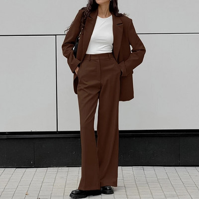 Brūns, vienrindu augšējais pārklājums, platas bikses ar augstu vidukli Bikses ar augstu vidukli, rudens biroja bikses, bleizera kostīmi ar garām piedurknēm divdaļīgi komplekti sievietēm