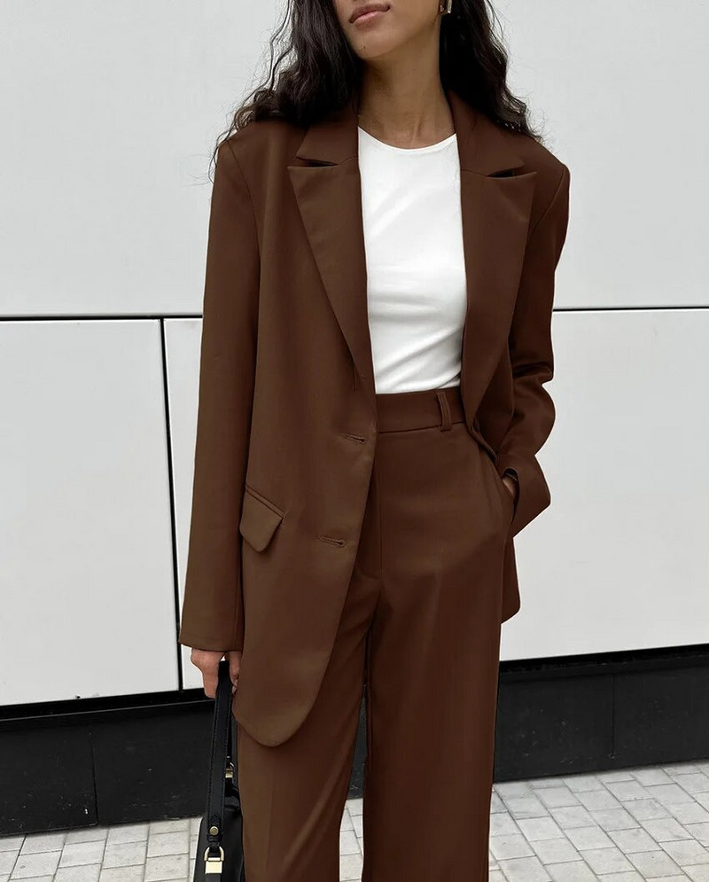 Brūns, vienrindu augšējais pārklājums, platas bikses ar augstu vidukli Bikses ar augstu vidukli, rudens biroja bikses, bleizera kostīmi ar garām piedurknēm divdaļīgi komplekti sievietēm