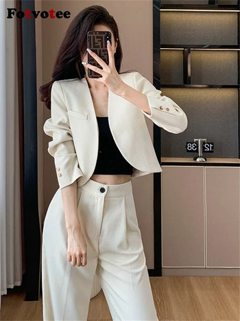 Fotvotee Solid Office Lady Two Piece Sets Γυναικεία ρούχα 2023 V λαιμόκοψη μακρυμάνικο σακάκι Φαρδύ ψηλόμεσο φαρδύ παντελόνι