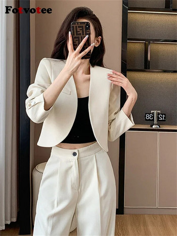 Fotvotee Solid Office Lady Two Piece Sets Γυναικεία ρούχα 2023 V λαιμόκοψη μακρυμάνικο σακάκι Φαρδύ ψηλόμεσο φαρδύ παντελόνι