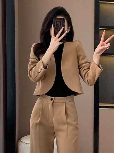 Fotvotee Jednobojni dvodijelni kompleti za uredske dame Ženska odjeća 2023 V izrez s dugim rukavima Labavi odijelo s širokim nogavicama visokog struka