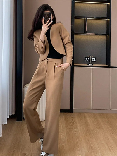 Fotvotee Jednobojni dvodijelni kompleti za uredske dame Ženska odjeća 2023 V izrez s dugim rukavima Labavi odijelo s širokim nogavicama visokog struka