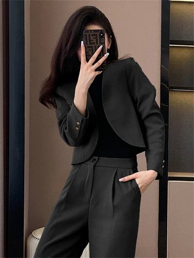 Fotvotee Jednobojni dvodijelni kompleti za uredske dame Ženska odjeća 2023 V izrez s dugim rukavima Labavi odijelo s širokim nogavicama visokog struka