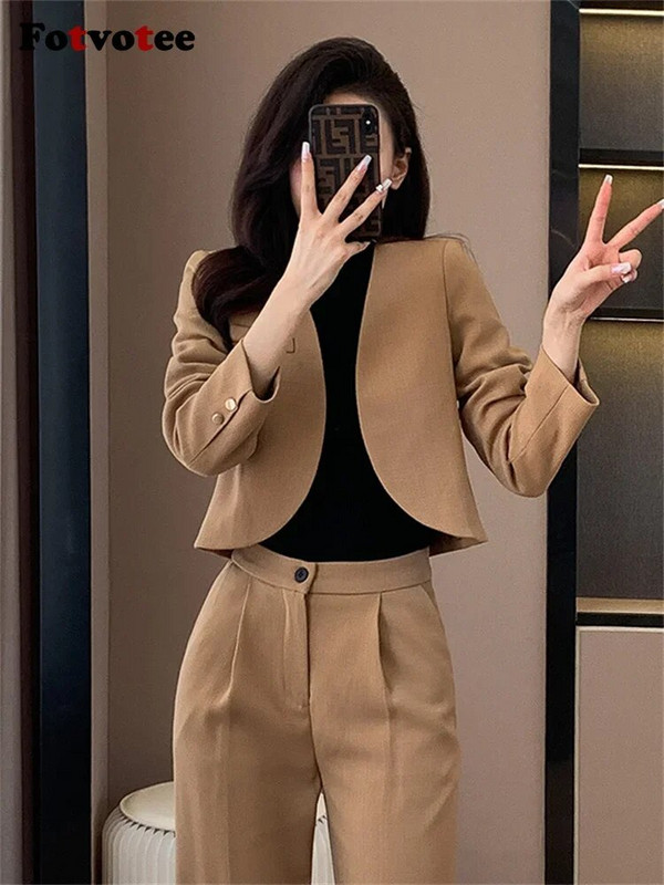 Fotvotee Jednobojni dvodijelni kompleti za uredske dame Ženska odjeća 2023 V izrez s dugim rukavima Labavi odijelo s širokim nogavicama visokog struka