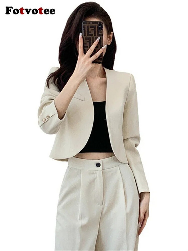 Fotvotee Jednobojni dvodijelni kompleti za uredske dame Ženska odjeća 2023 V izrez s dugim rukavima Labavi odijelo s širokim nogavicama visokog struka