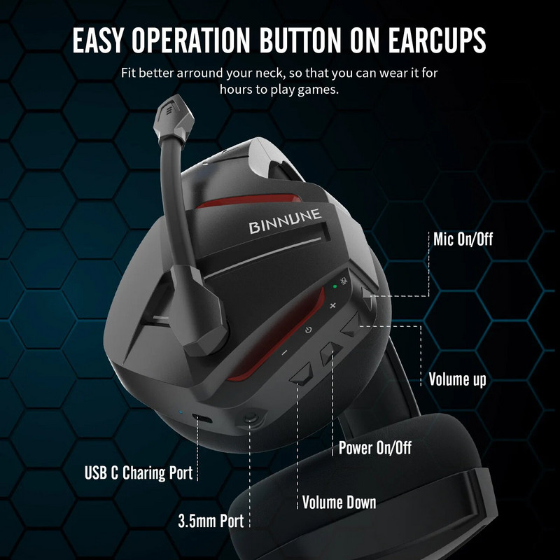 BINNUNE bezvadu spēļu austiņas personālajam datoram PS4 PS5, 2.4G bezvadu Bluetooth USB Gamer austiņas ar mikrofonu klēpjdatoram