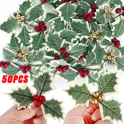 50/5Pcs Christmas Holly Leaves Artificial Red Berries Flower DIY Christmas Wreath Ornaments For Home Xmas New Year Decorations