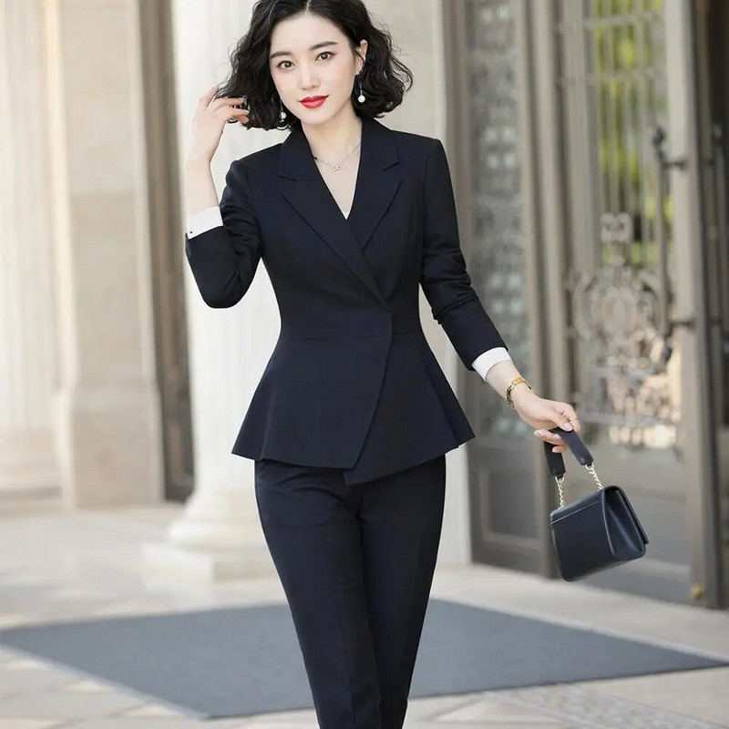 Augstas kvalitātes sieviešu oficiālais bikškostīms 2 daļīgs biroja sieviešu darba apģērba formas tērps Sieviešu biznesa vīna jaka un bikses