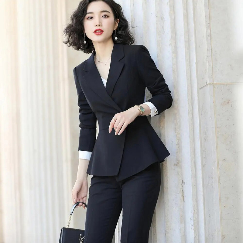 Augstas kvalitātes sieviešu oficiālais bikškostīms 2 daļīgs biroja sieviešu darba apģērba formas tērps Sieviešu biznesa vīna jaka un bikses