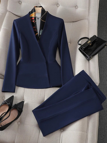 Μπλε Λευκό Γυναικείο Κοστούμι Παντελόνι Γραφείο Γυναικείο με V-λαιμόκοψη Λεπτό σακάκι και παντελόνι Γυναικείο Επίσημο Σετ 2 τεμαχίων