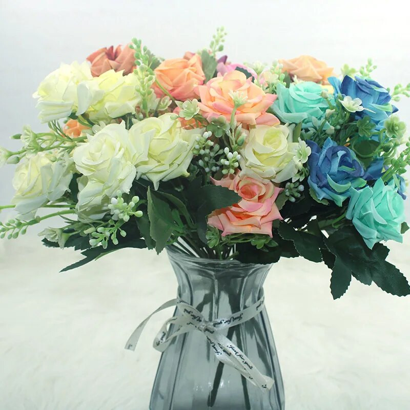 Forró eladó szimuláció rózsa szimulációs csokor 7 nagy fej DIY hamis virágok esküvő karácsonyi lakberendezés party irodai virágok