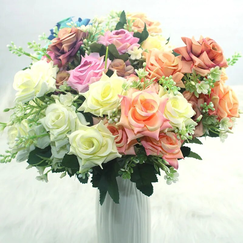 Forró eladó szimuláció rózsa szimulációs csokor 7 nagy fej DIY hamis virágok esküvő karácsonyi lakberendezés party irodai virágok