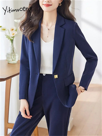 Yitimuceng Στερεά γυναικεία κοστούμια Σετ γραφείου 2023 Νέα μόδα μακρυμάνικο με μονό κουμπί Slim blazers Ψηλόμεσο παντελόνι με μολύβι