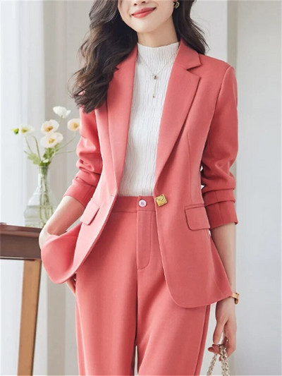 Yitimuceng Στερεά γυναικεία κοστούμια Σετ γραφείου 2023 Νέα μόδα μακρυμάνικο με μονό κουμπί Slim blazers Ψηλόμεσο παντελόνι με μολύβι