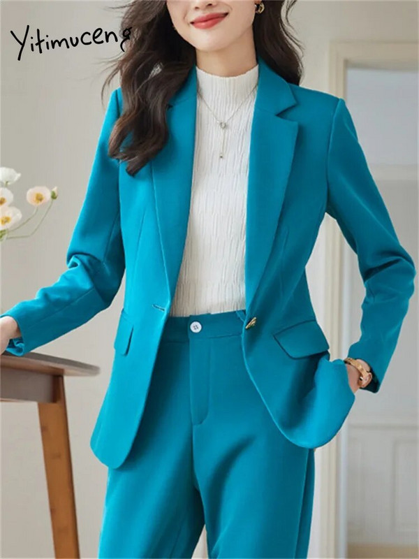 Yitimuceng Στερεά γυναικεία κοστούμια Σετ γραφείου 2023 Νέα μόδα μακρυμάνικο με μονό κουμπί Slim blazers Ψηλόμεσο παντελόνι με μολύβι