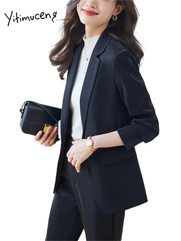 Yitimuceng Στερεά γυναικεία κοστούμια Σετ γραφείου 2023 Νέα μόδα μακρυμάνικο με μονό κουμπί Slim blazers Ψηλόμεσο παντελόνι με μολύβι