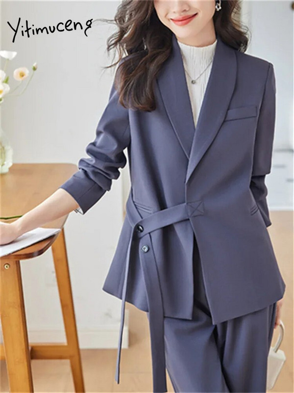 Yitimuceng Solid Sieviešu uzvalki Biroja komplekti 2023. gada jauna mode ar garām piedurknēm, mežģīnēm, vaļīgi bleizeri, gadījuma rakstura platas bikses, eleganti kostīmi