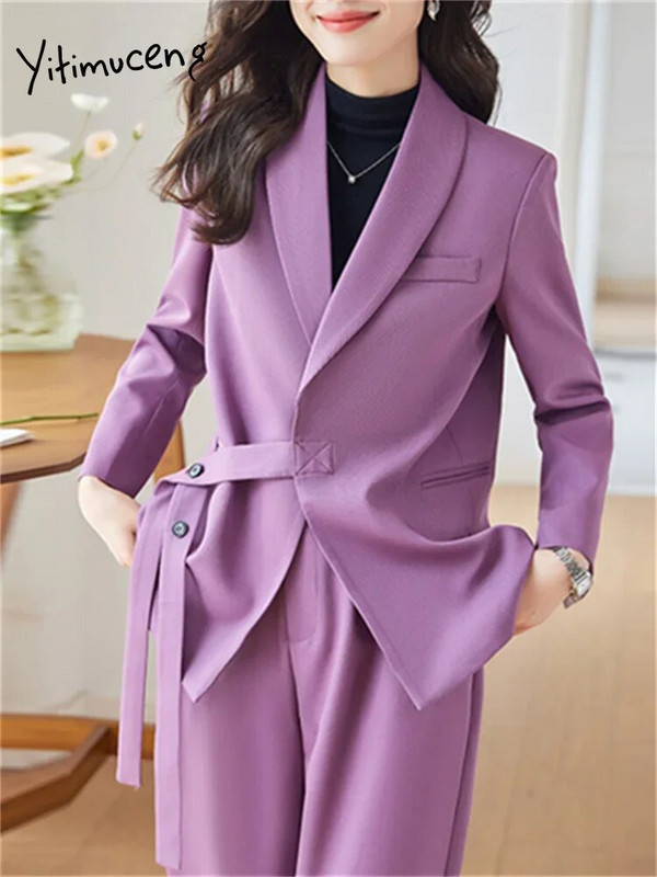 Yitimuceng Solid Sieviešu uzvalki Biroja komplekti 2023. gada jauna mode ar garām piedurknēm, mežģīnēm, vaļīgi bleizeri, gadījuma rakstura platas bikses, eleganti kostīmi