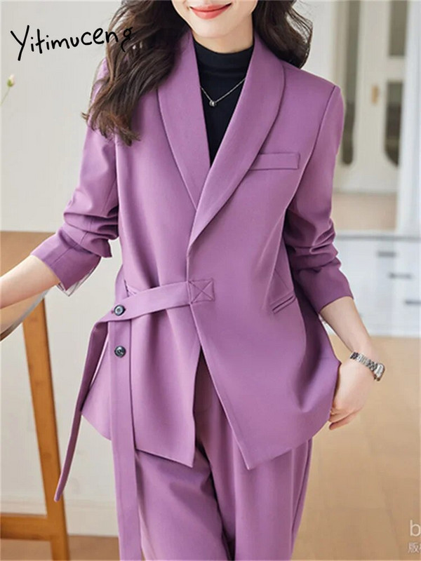 Yitimuceng Solid Sieviešu uzvalki Biroja komplekti 2023. gada jauna mode ar garām piedurknēm, mežģīnēm, vaļīgi bleizeri, gadījuma rakstura platas bikses, eleganti kostīmi