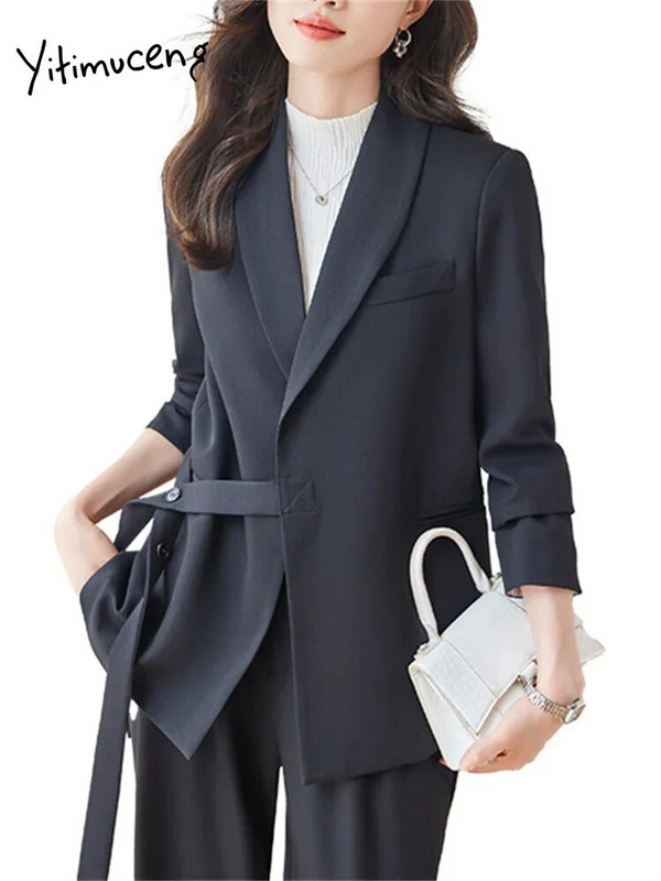 Yitimuceng Solid Sieviešu uzvalki Biroja komplekti 2023. gada jauna mode ar garām piedurknēm, mežģīnēm, vaļīgi bleizeri, gadījuma rakstura platas bikses, eleganti kostīmi