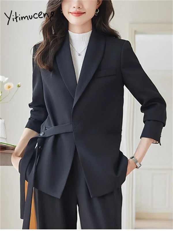 Yitimuceng Solid Sieviešu uzvalki Biroja komplekti 2023. gada jauna mode ar garām piedurknēm, mežģīnēm, vaļīgi bleizeri, gadījuma rakstura platas bikses, eleganti kostīmi
