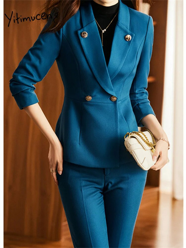 „Yitimuceng“ tvirti dviejų dalių komplektai, moteriški kostiumai, 2023 m. biuro moteriški kostiumai su dviguba briauna „Silm“ švarku, kasdieniai moteriškų kelnių kostiumai