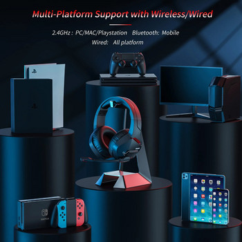 BINUNE Ασύρματα ακουστικά παιχνιδιών για υπολογιστή PS4 PS5 Xbox, 2.4G ασύρματα Bluetooth USB Gamer ακουστικά με μικρόφωνο για φορητό υπολογιστή