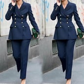Klasisks tumši zils sieviešu uzvalks ar divrindu komplektu, 2 dab., žakete ar smailiem atlokiem, bikses ielas apģērbs, āra vakarkleita pēc pasūtījuma