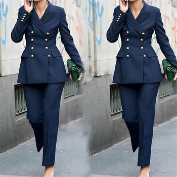 Κλασικό μπλε ναυτικό γυναικείο κοστούμι με διπλό στήθος Σετ 2 τεμαχίων Peaked blazer παντελόνι Streetwear βραδινό φόρεμα εξωτερικού χώρου Custom Made