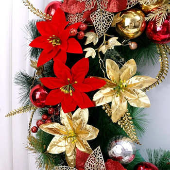 5-10 τμχ Μεγάλα Χριστουγεννιάτικα λουλούδια Silk Glitter 12-14cm Τεχνητό κόκκινο τριαντάφυλλο λουλούδι για Χριστουγεννιάτικα στολίδια Αξεσουάρ διακόσμησης