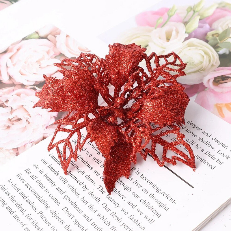 5-10gb Lieli zīda mirdzoši Ziemassvētku ziedi 12-14cm Mākslīgie sarkanie rozes ziedi Ziemassvētku eglīšu rotājumiem Dekorācijas piederumi