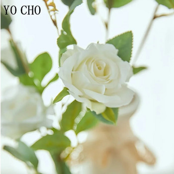 YO CHO Изкуствени копринени розови цветя Висококачествени фалшиви цветя Дълъг клон 5 глави Сватбени цветя Свети Валентин Декорация на дома