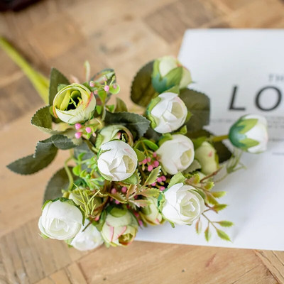 1 buket bijelog umjetnog cvijeća božur čajna ruža jesen svileno lažno cvijeće za DIY dnevni boravak kućni vrt vjenčani ukras