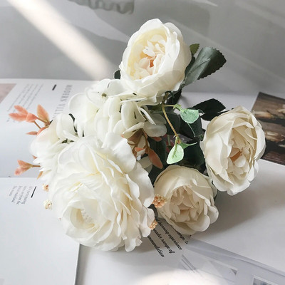 1 buket bijelog umjetnog cvijeća božur čajna ruža jesen svileno lažno cvijeće za DIY dnevni boravak kućni vrt vjenčani ukras